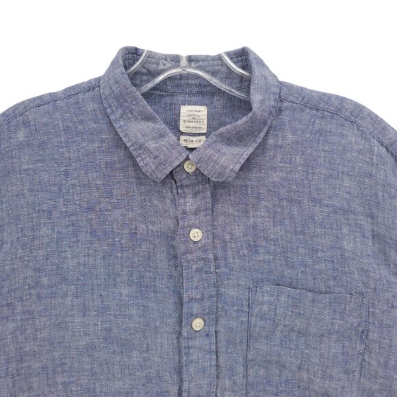 GIORDANO 100% Linen Shirt Blue Woven SLIM FIT Long Sleeve Button Up Men's LARGE - Picture 1 of 8